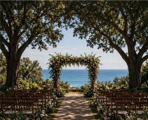 Floral wedding arch under mature trees on a lawn above the Pacific