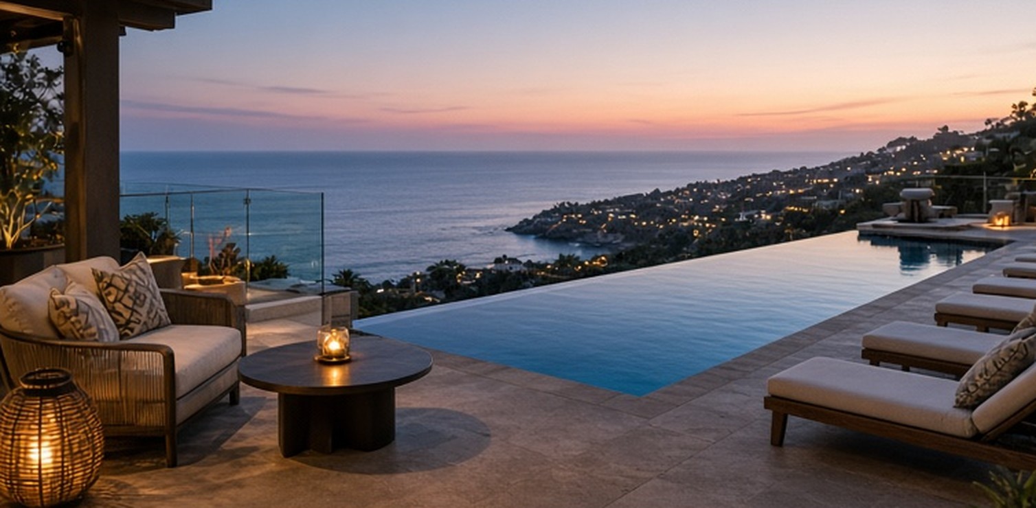 Infinity pool terrace at dusk overlooking the coastline and hillside lights