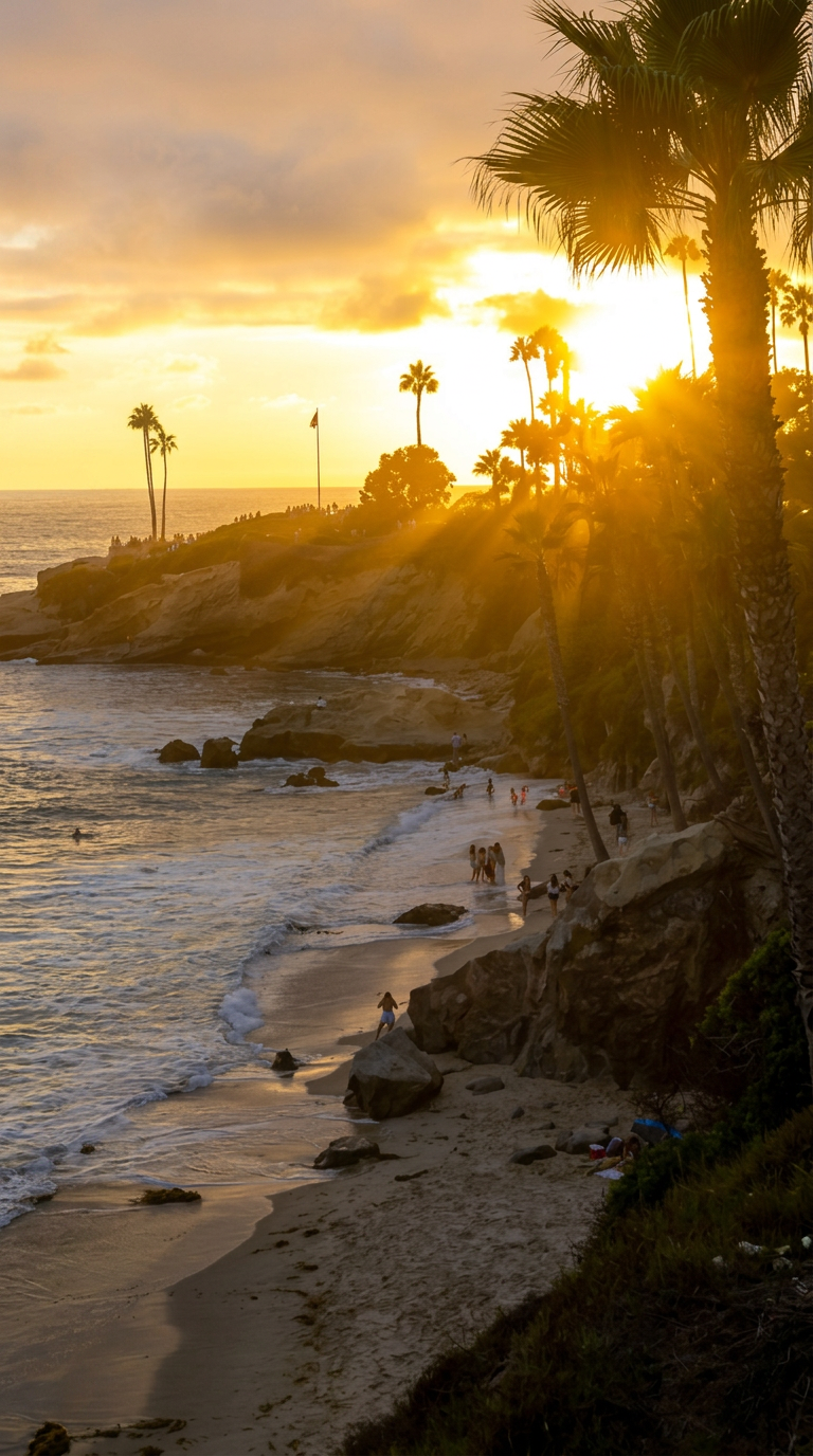 Golden sunset over a Laguna Beach cove with palm trees and surf