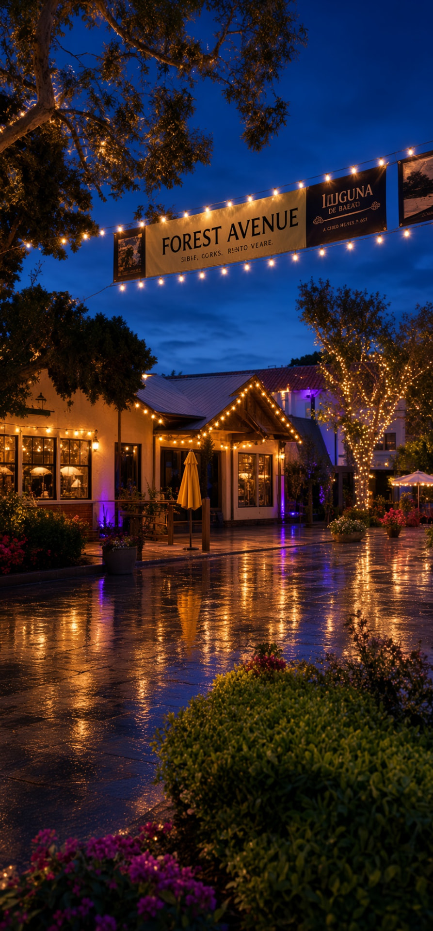 Forest Avenue at blue hour, string lights reflecting on the wet promenade