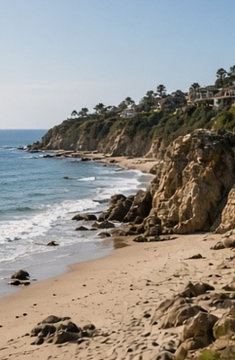 Quiet sand cove below sandstone bluffs with homes along the ridge