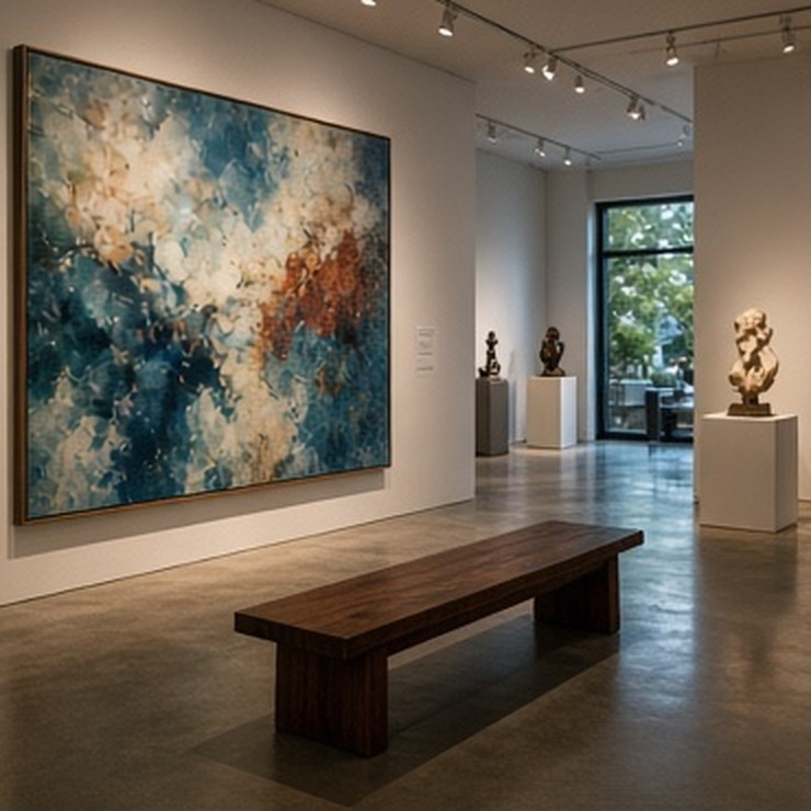 Large abstract coastal painting and sculptures in a bright Laguna gallery