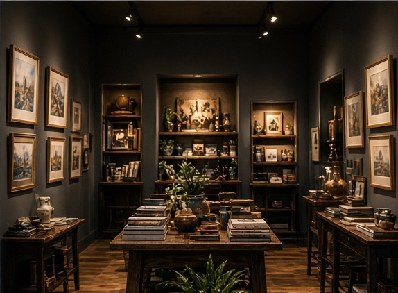 Dark-walled gallery hung with framed works above display tables