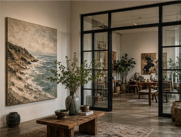Bright gallery room with a large coastal canvas and steel-framed doors