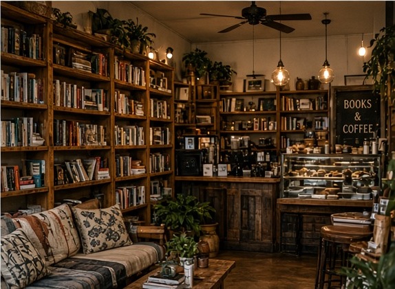 Bookshop and coffee counter with floor-to-ceiling shelves and warm pendants