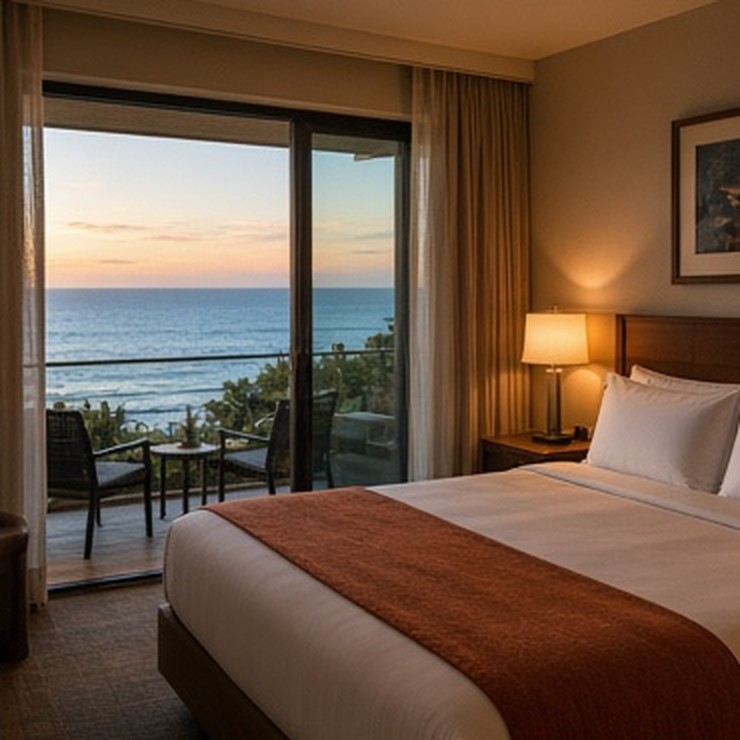Hotel room with an open balcony looking out over the Pacific