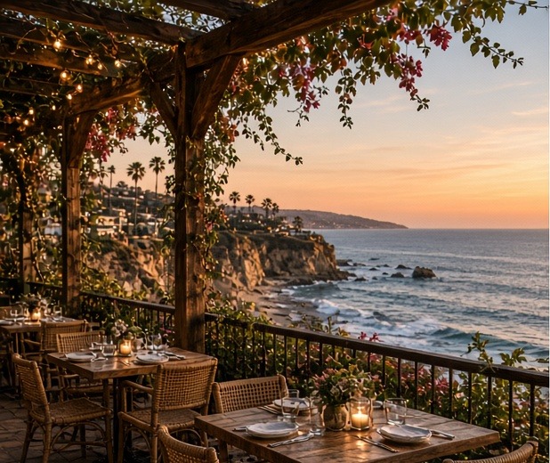 Candlelit terrace tables under a vine-covered pergola above the coastline at sunset