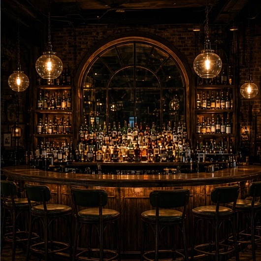 Curved timber bar with glowing globe pendants and back-bar bottles