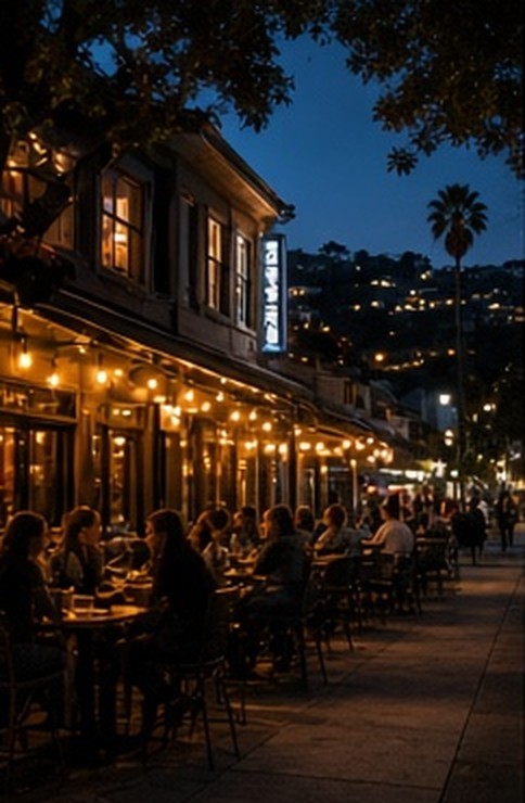 Sidewalk dining under string lights on a Laguna street after dark