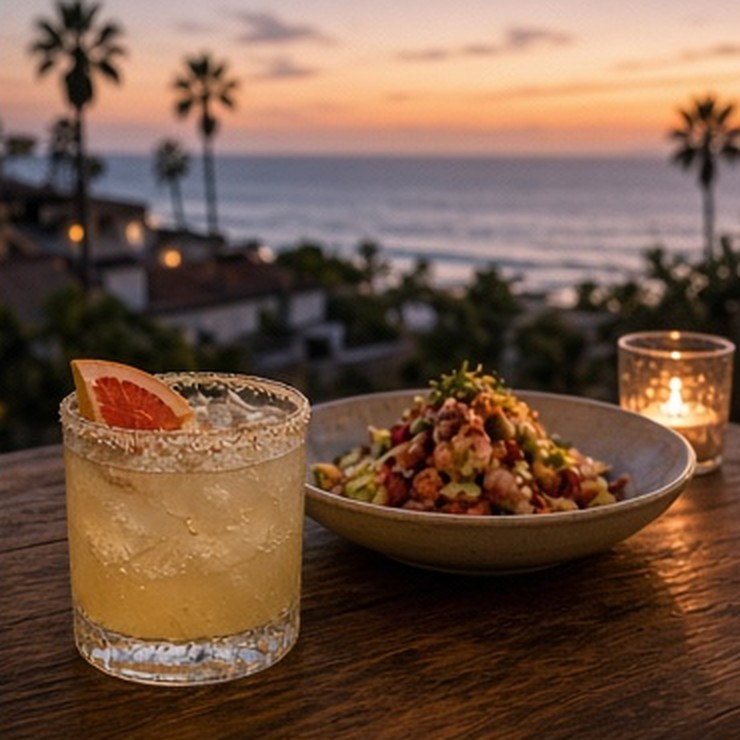 Cocktail and a shared plate on a terrace table above the ocean at sunset