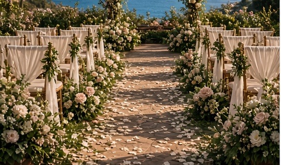 Petal-strewn wedding aisle framed by white florals with the ocean ahead