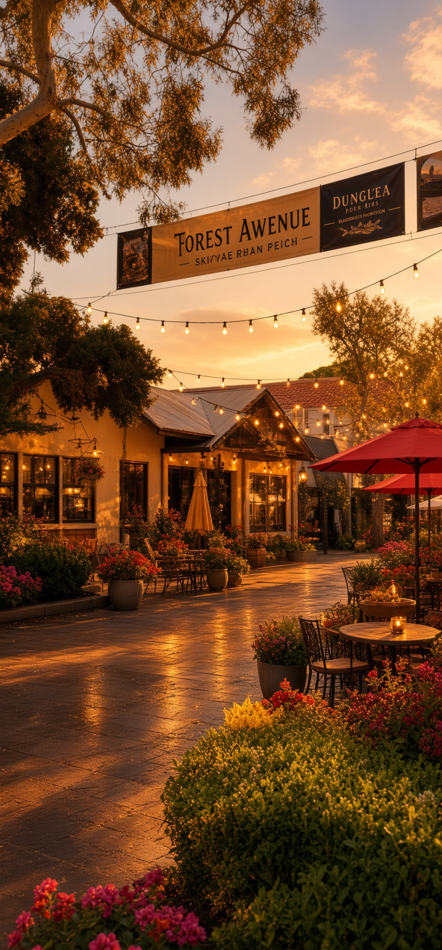Forest Avenue in downtown Laguna Beach at golden hour with string lights, patio tables and flower beds