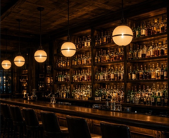 Dark wood lounge bar lined with bottles under warm globe lights